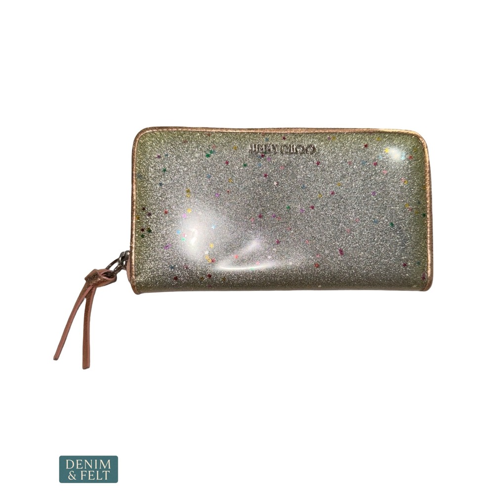 Jimmy Choo Star Glitter Zip Around Continental Wallet Rose Gold Silver